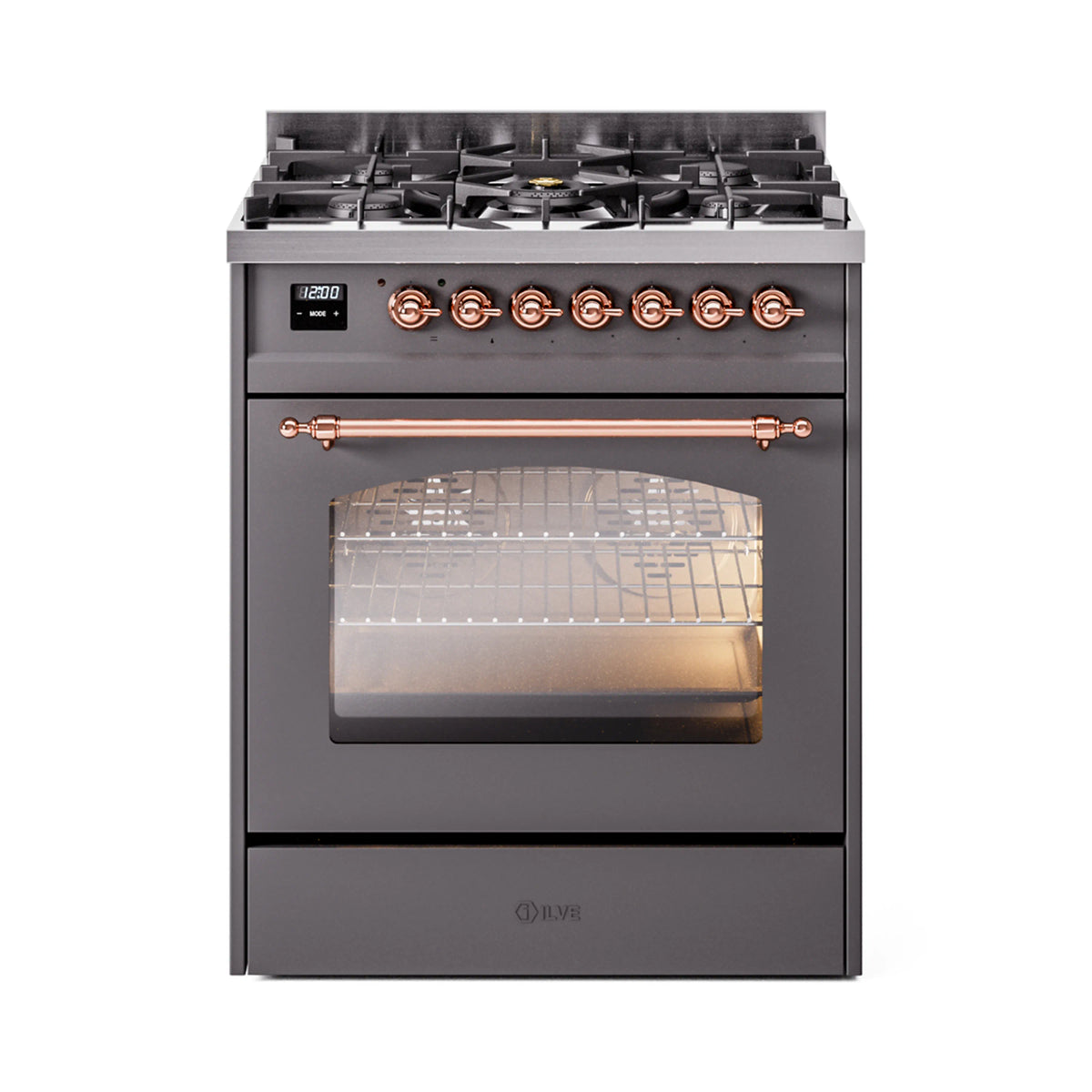 ILVE Nostalgie II 30-Inch Dual Fuel Freestanding Range in Matte Graphite with Copper Trim (UP30NMPMGPLP)