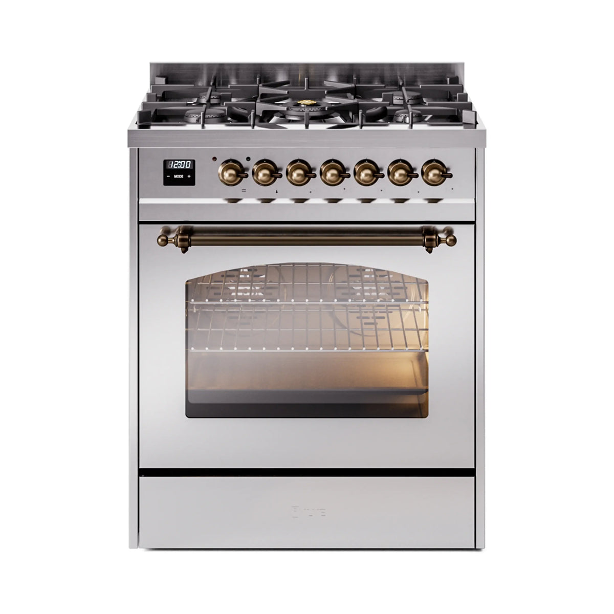 ILVE Nostalgie II 30-Inch Freestanding Natural Gas Dual Fuel Range in Stainless Steel with Burnished Bronze Trim (UP30NMPSSB)