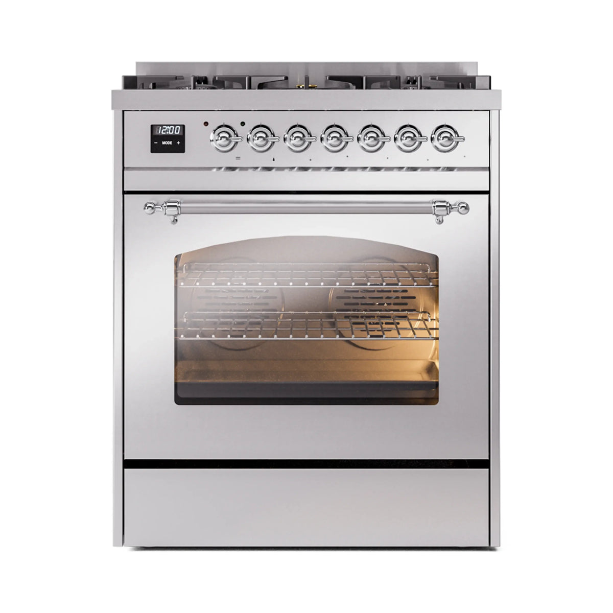 ILVE Nostalgie II 30-Inch Freestanding Natural Gas Dual Fuel Range in Stainless Steel with Chrome Trim (UP30NMPSSC)