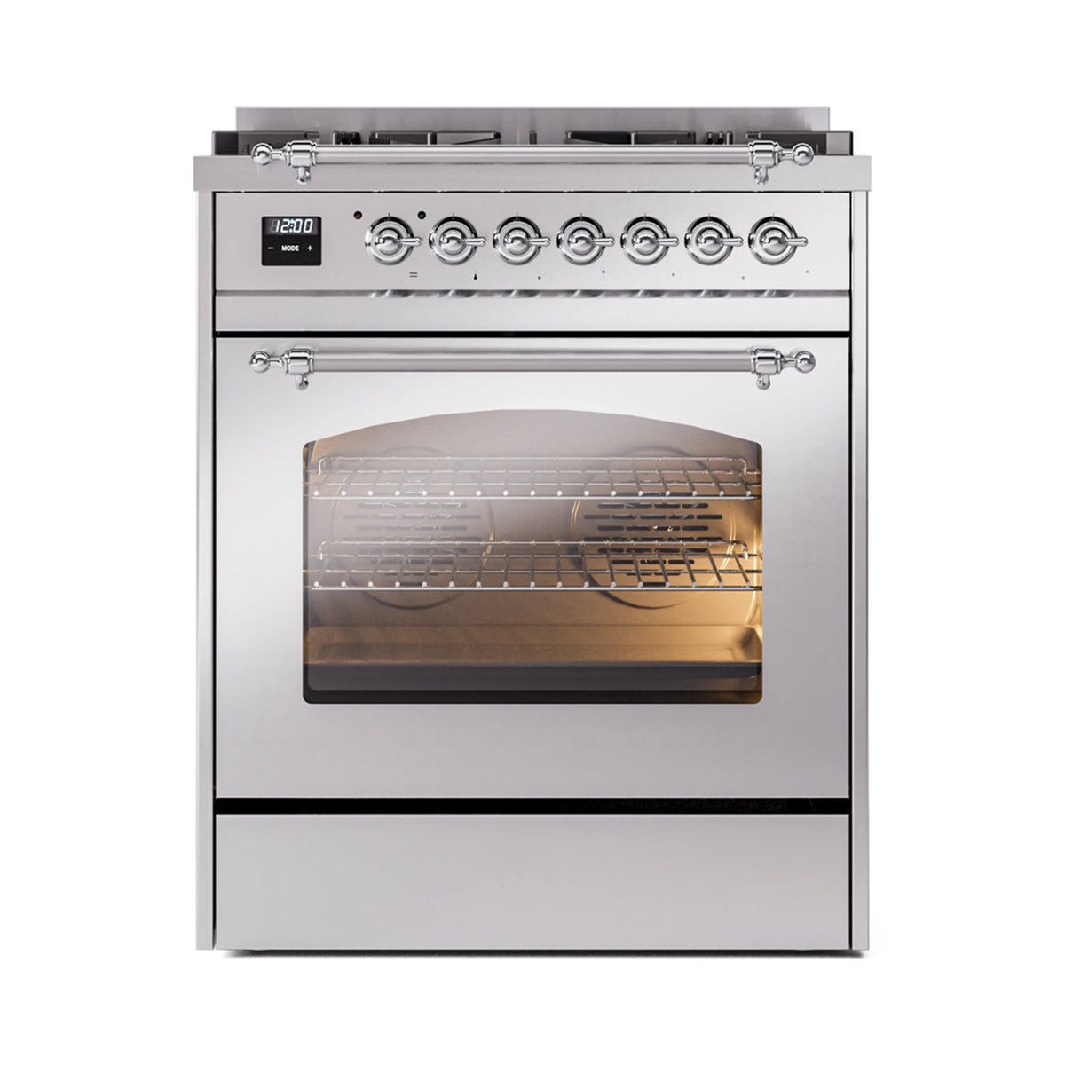 ILVE Nostalgie II 30-Inch Dual Fuel Range, Freestanding, Stainless Steel with Chrome Trim (UP30NMPSSCLP)