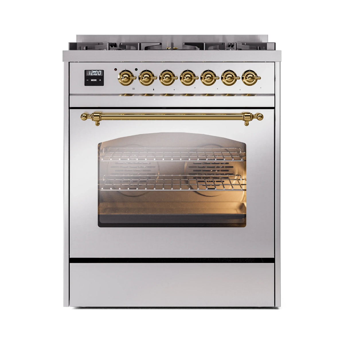 ILVE Nostalgie II 30-Inch Freestanding Natural Gas Dual Fuel Range, Stainless Steel with Brass Trim (UP30NMPSSG)