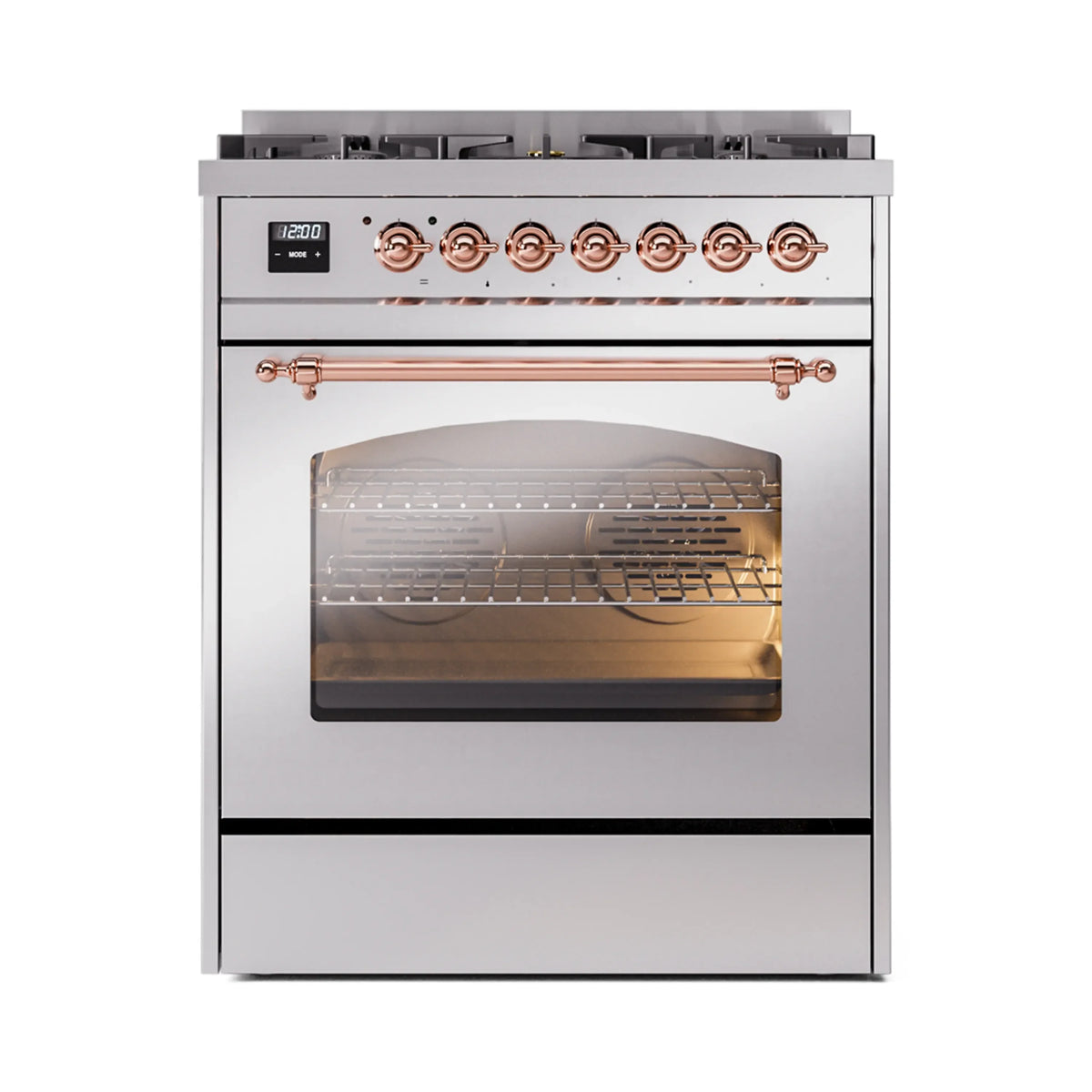 ILVE Nostalgie II 30-Inch Freestanding Natural Gas Dual Fuel Range in Stainless Steel with Copper Trim (UP30NMPSSP)