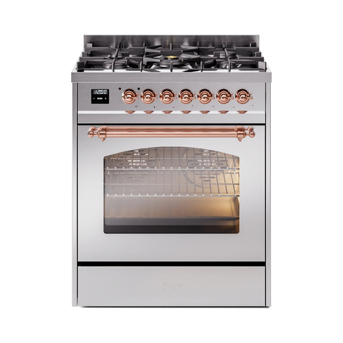 ILVE Nostalgie II 30-Inch Freestanding Natural Gas Dual Fuel Range in Stainless Steel with Copper Trim (UP30NMPSSP)