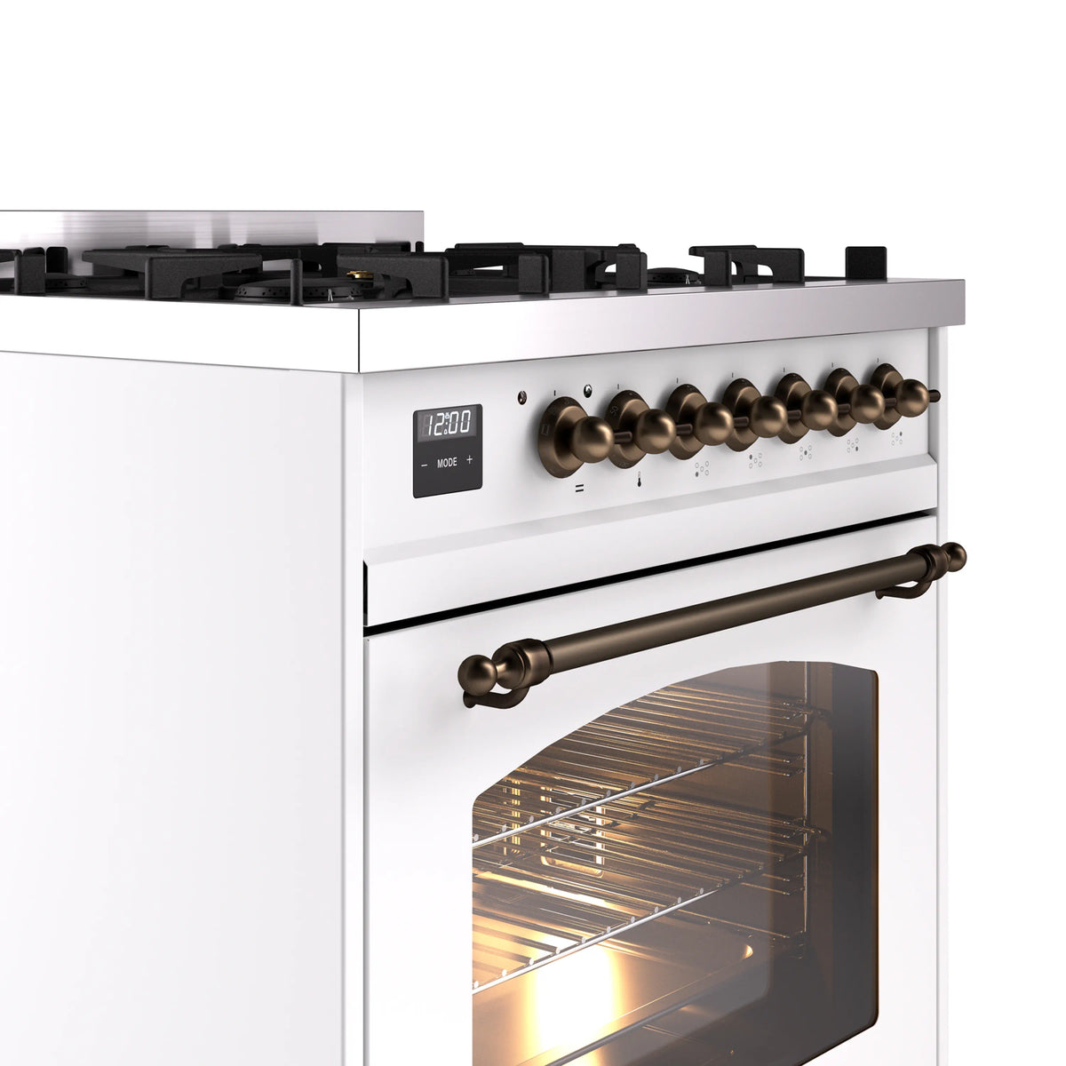 ILVE Nostalgie II 30-Inch Dual Fuel Freestanding Range in White with Burnished Bronze Trim (UP30NMPWHBLP)
