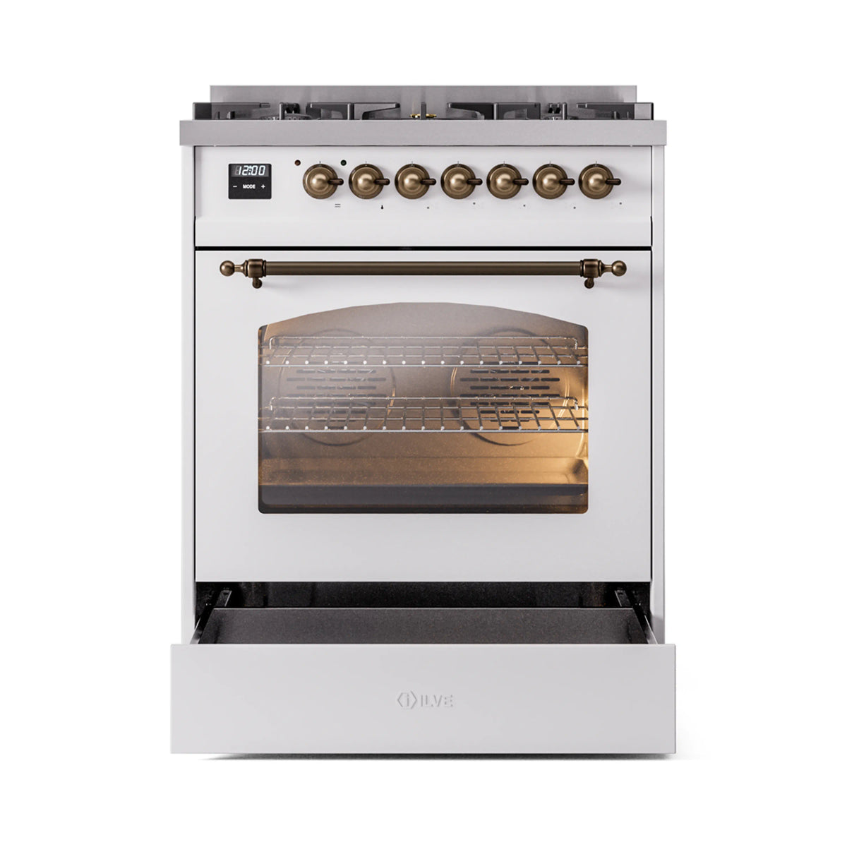 ILVE Nostalgie II 30-Inch Dual Fuel Freestanding Range in White with Burnished Bronze Trim (UP30NMPWHBLP)