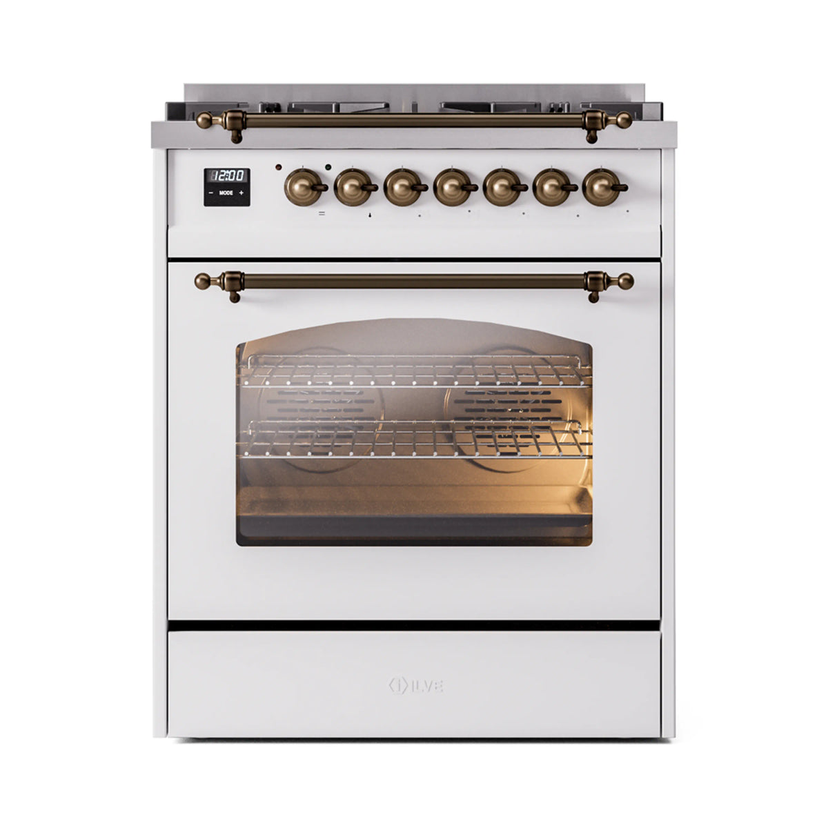 ILVE Nostalgie II 30-Inch Dual Fuel Freestanding Range in White with Burnished Bronze Trim (UP30NMPWHBLP)