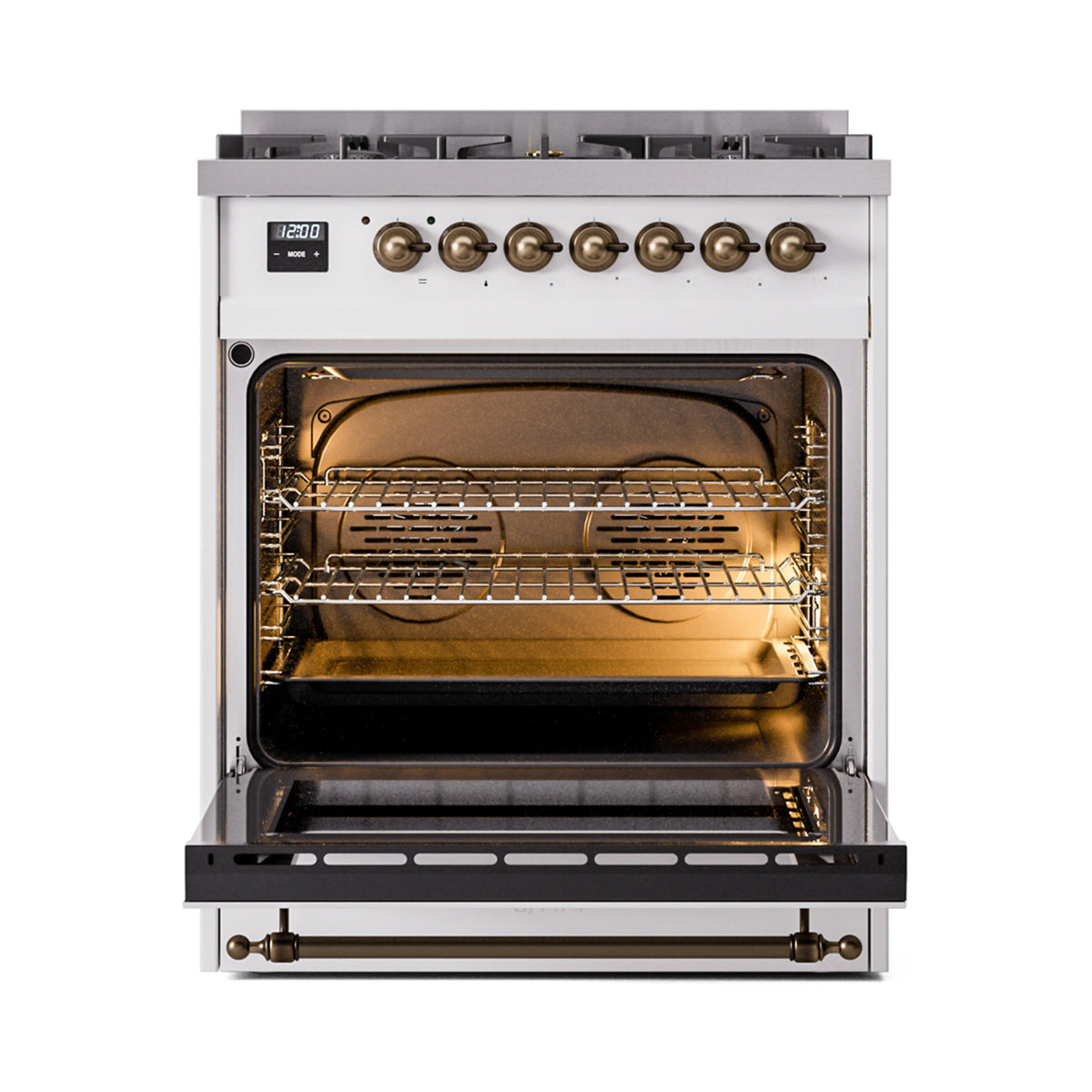ILVE Nostalgie II 30-Inch Dual Fuel Freestanding Range in White with Burnished Bronze Trim (UP30NMPWHBLP)