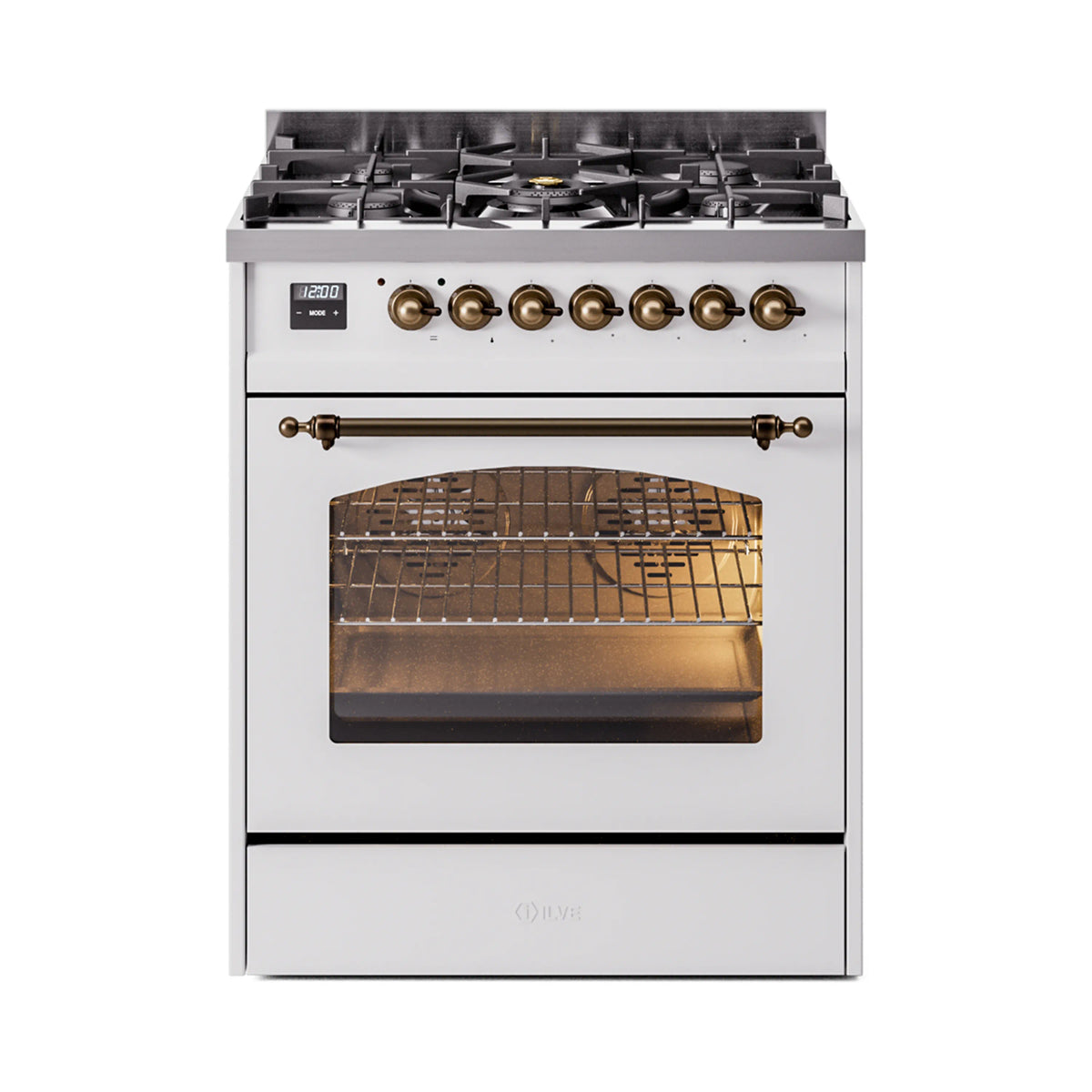 ILVE Nostalgie II 30-Inch Dual Fuel Freestanding Range in White with Burnished Bronze Trim (UP30NMPWHBLP)