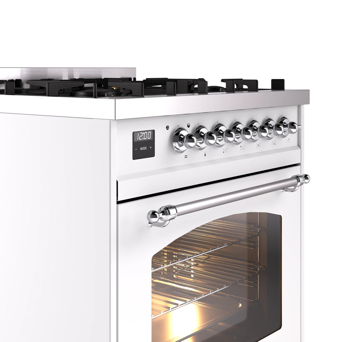 ILVE Nostalgie II 30-Inch Freestanding Natural Gas Dual Fuel Range in White with Chrome Trim (UP30NMPWHC)