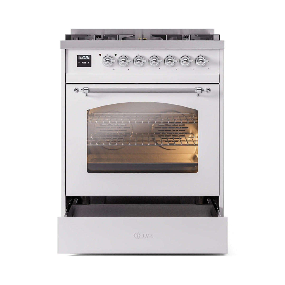 ILVE Nostalgie II 30-Inch Freestanding Natural Gas Dual Fuel Range in White with Chrome Trim (UP30NMPWHC)
