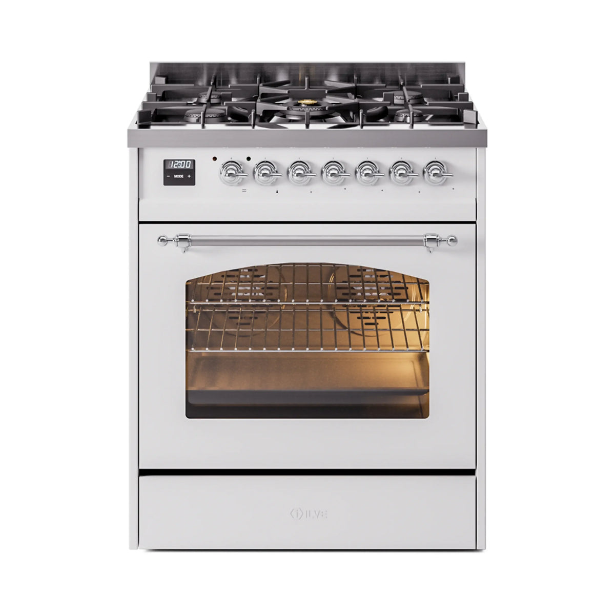 ILVE Nostalgie II 30-Inch Freestanding Natural Gas Dual Fuel Range in White with Chrome Trim (UP30NMPWHC)
