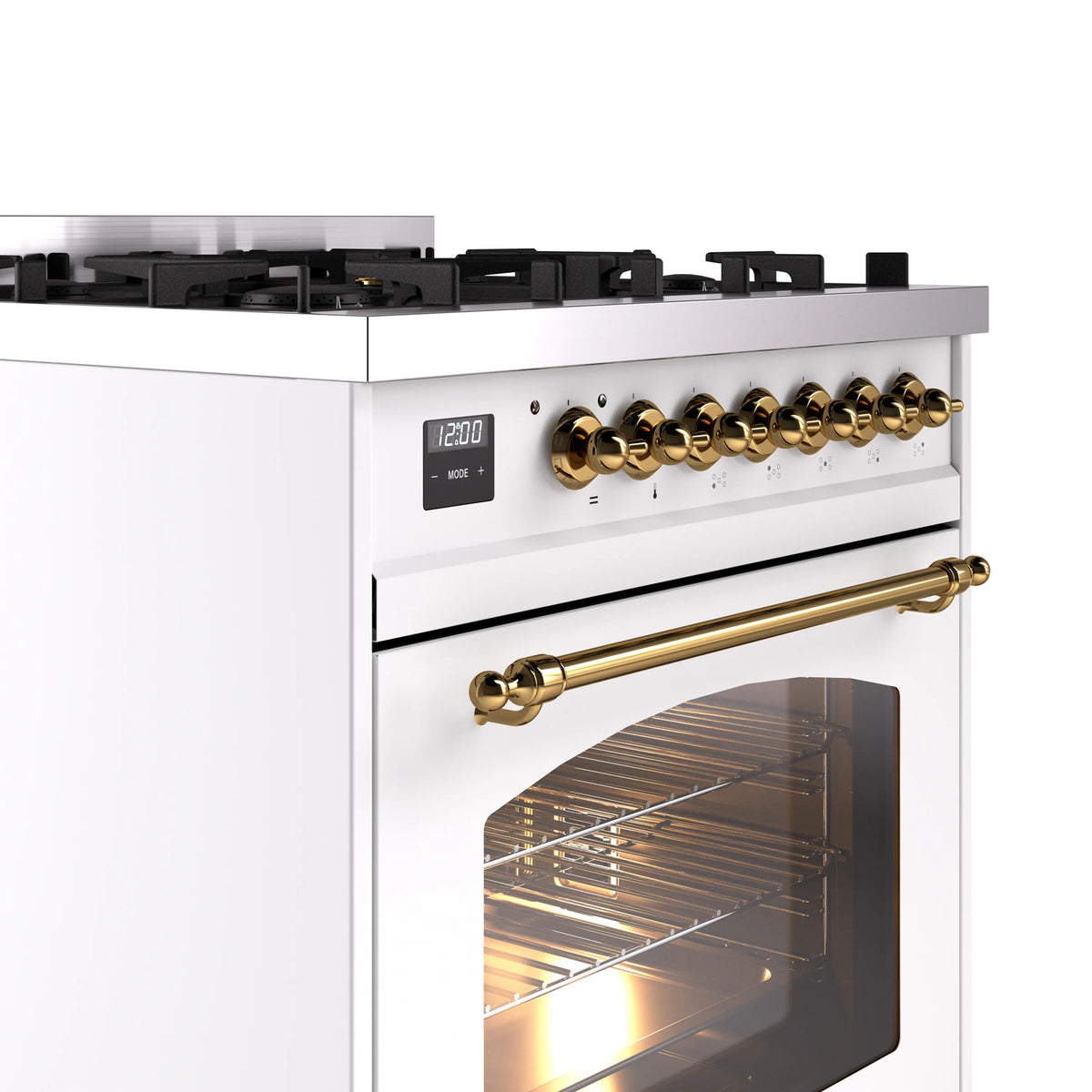 ILVE Nostalgie II 30-Inch Dual Fuel Freestanding Range in White with Brass Trim (UP30NMPWHGLP)