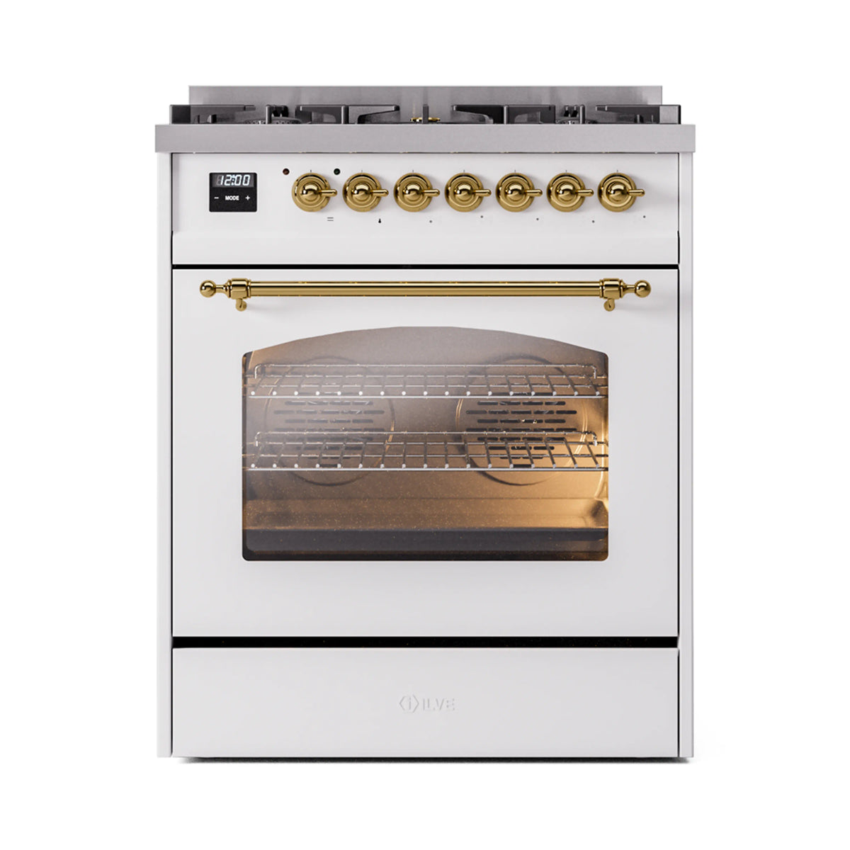ILVE Nostalgie II 30-Inch Dual Fuel Freestanding Range in White with Brass Trim (UP30NMPWHGLP)