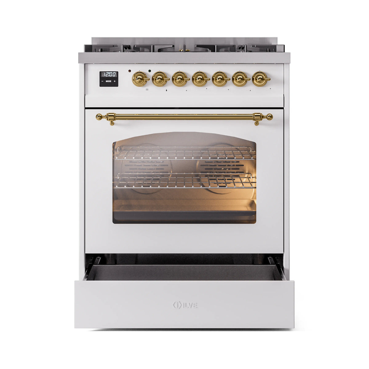 ILVE Nostalgie II 30-Inch Dual Fuel Freestanding Range in White with Brass Trim (UP30NMPWHGLP)