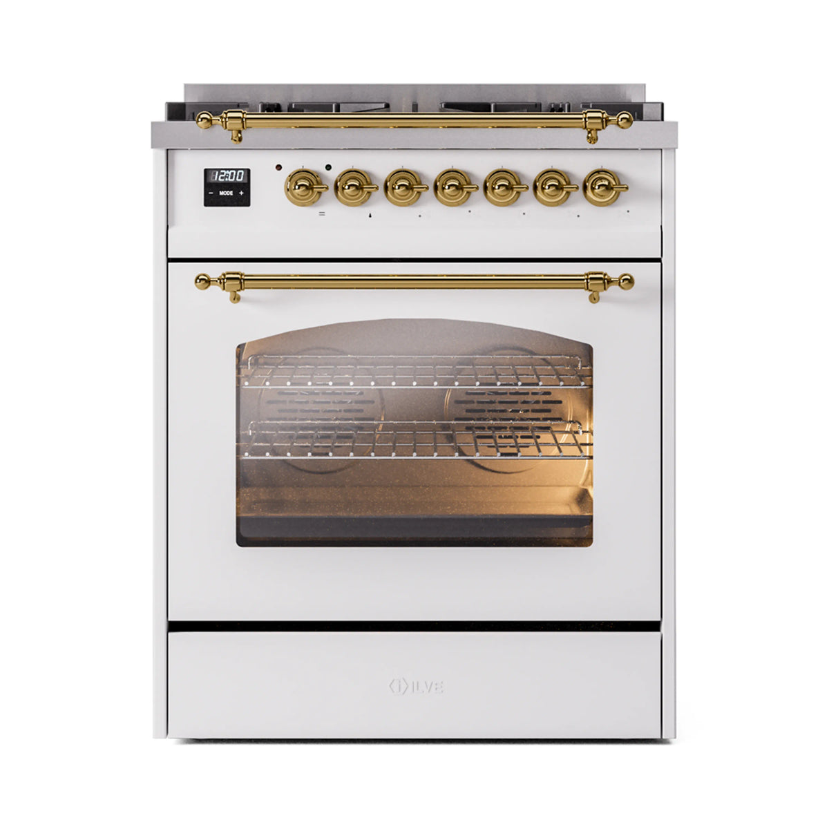 ILVE Nostalgie II 30-Inch Dual Fuel Freestanding Range in White with Brass Trim (UP30NMPWHGLP)