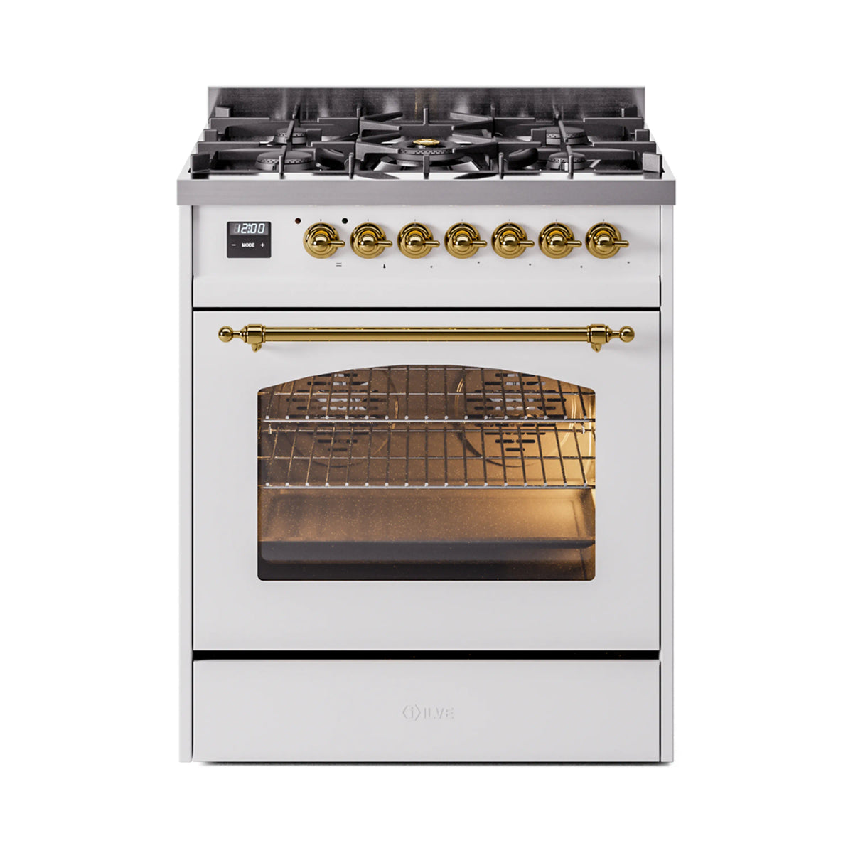 ILVE Nostalgie II 30-Inch Dual Fuel Freestanding Range in White with Brass Trim (UP30NMPWHGLP)