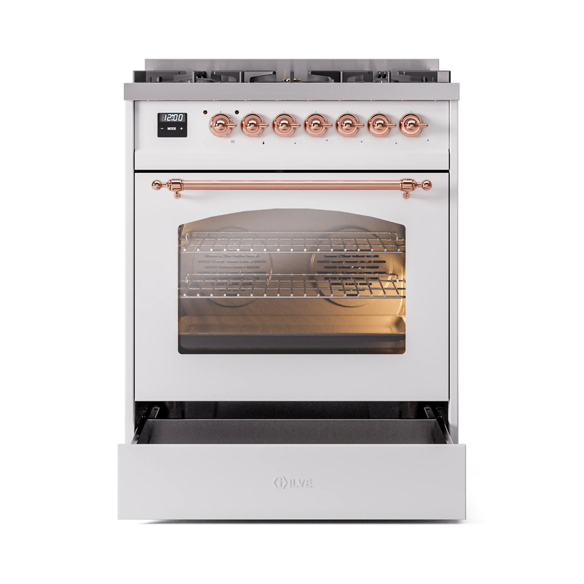 ILVE Nostalgie II 30-Inch Dual Fuel Freestanding Range in White with Copper Trim (UP30NMPWHPLP)
