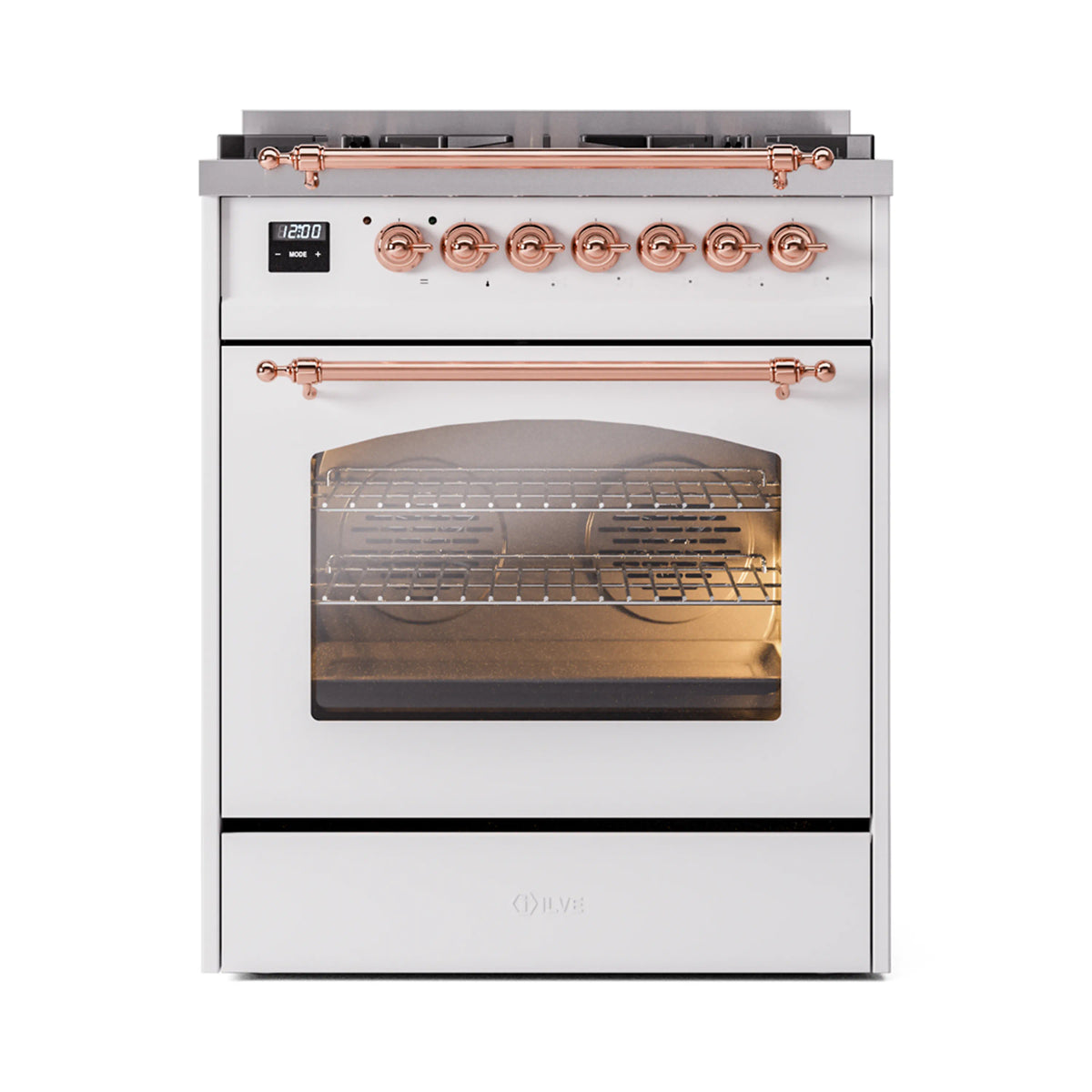 ILVE Nostalgie II 30-Inch Dual Fuel Freestanding Range in White with Copper Trim (UP30NMPWHPLP)