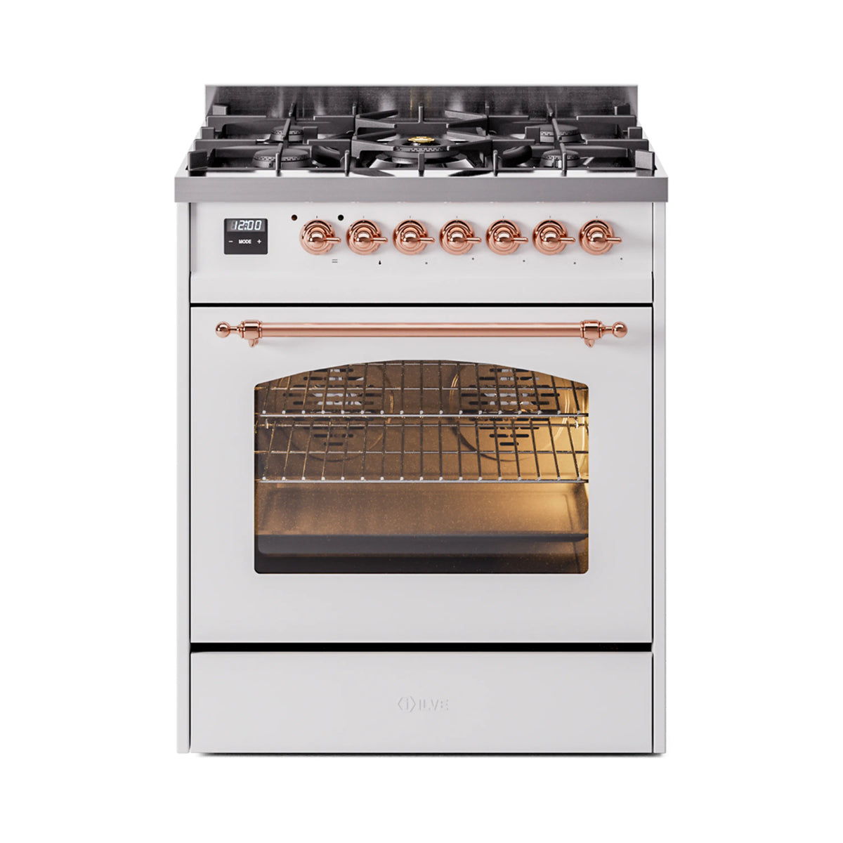 ILVE Nostalgie II 30-Inch Dual Fuel Freestanding Range in White with Copper Trim (UP30NMPWHPLP)