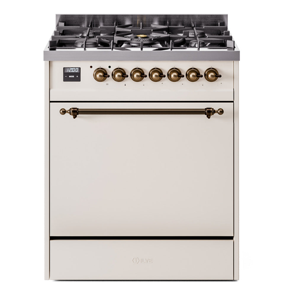 ILVE Nostalgie II 30-Inch Natural Gas Dual Fuel Range, Solid Door Oven, Antique White with Bronze Trim (UP30QNMPAWB)