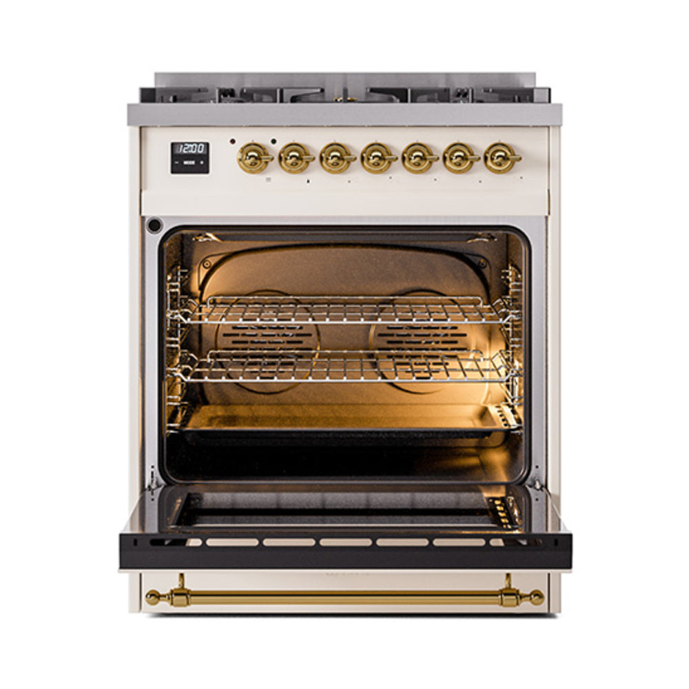 ILVE Nostalgie II 30-Inch Natural Gas Dual Fuel Range with Solid Door in Antique White with Brass Trim (UP30QNMPAWG)