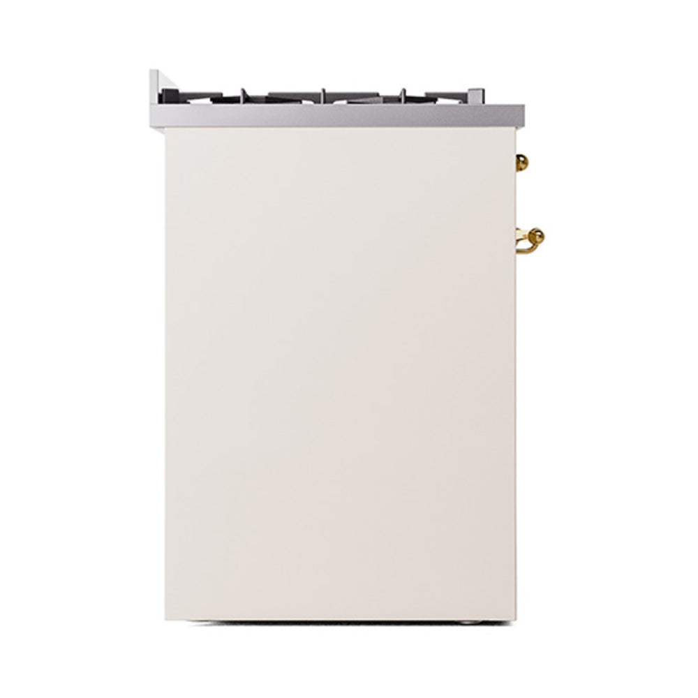 ILVE Nostalgie II 30-Inch Natural Gas Dual Fuel Range with Solid Door in Antique White with Brass Trim (UP30QNMPAWG)