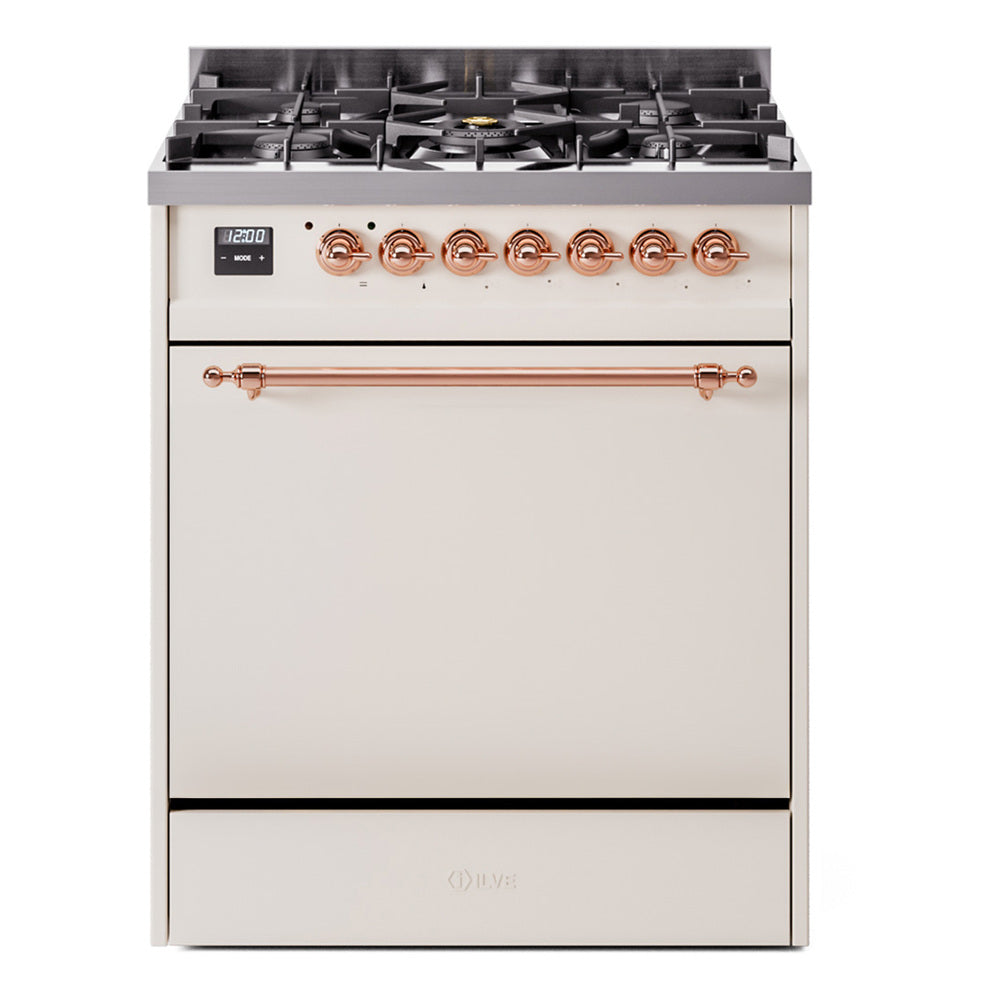 ILVE Nostalgie II 30-Inch Propane Dual Fuel Range, Solid Door Oven, Antique White with Copper Trim (UP30QNMPAWPLP)
