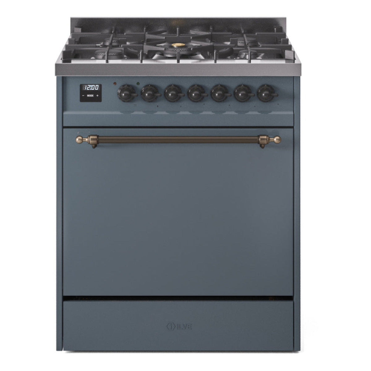 ILVE Nostalgie II 30-Inch Propane Dual Fuel Range, Solid Door Oven, Blue Grey with Burnished Bronze Trim (UP30QNMPBGBLP)