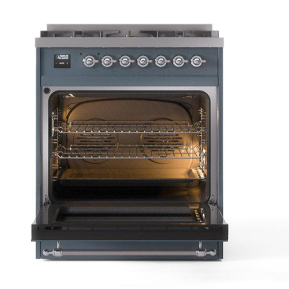 ILVE Nostalgie II 30-Inch Natural Gas Dual Fuel Range, Solid Door Oven, Blue Grey with Chrome Trim (UP30QNMPBGC)