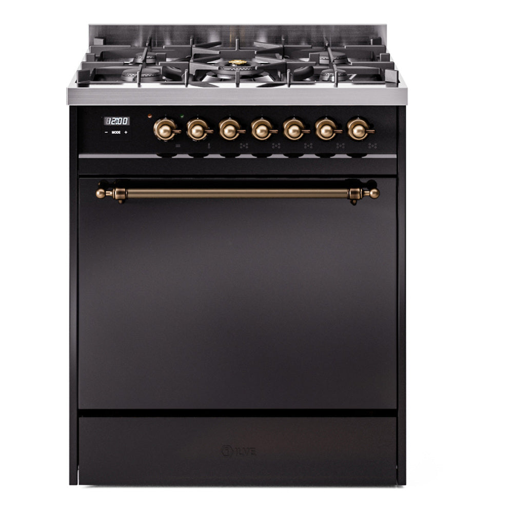 ILVE Nostalgie II 30-Inch Natural Gas Dual Fuel Range, Solid Door Oven, Glossy Black with Burnished Bronze Trim (UP30QNMPBKB)
