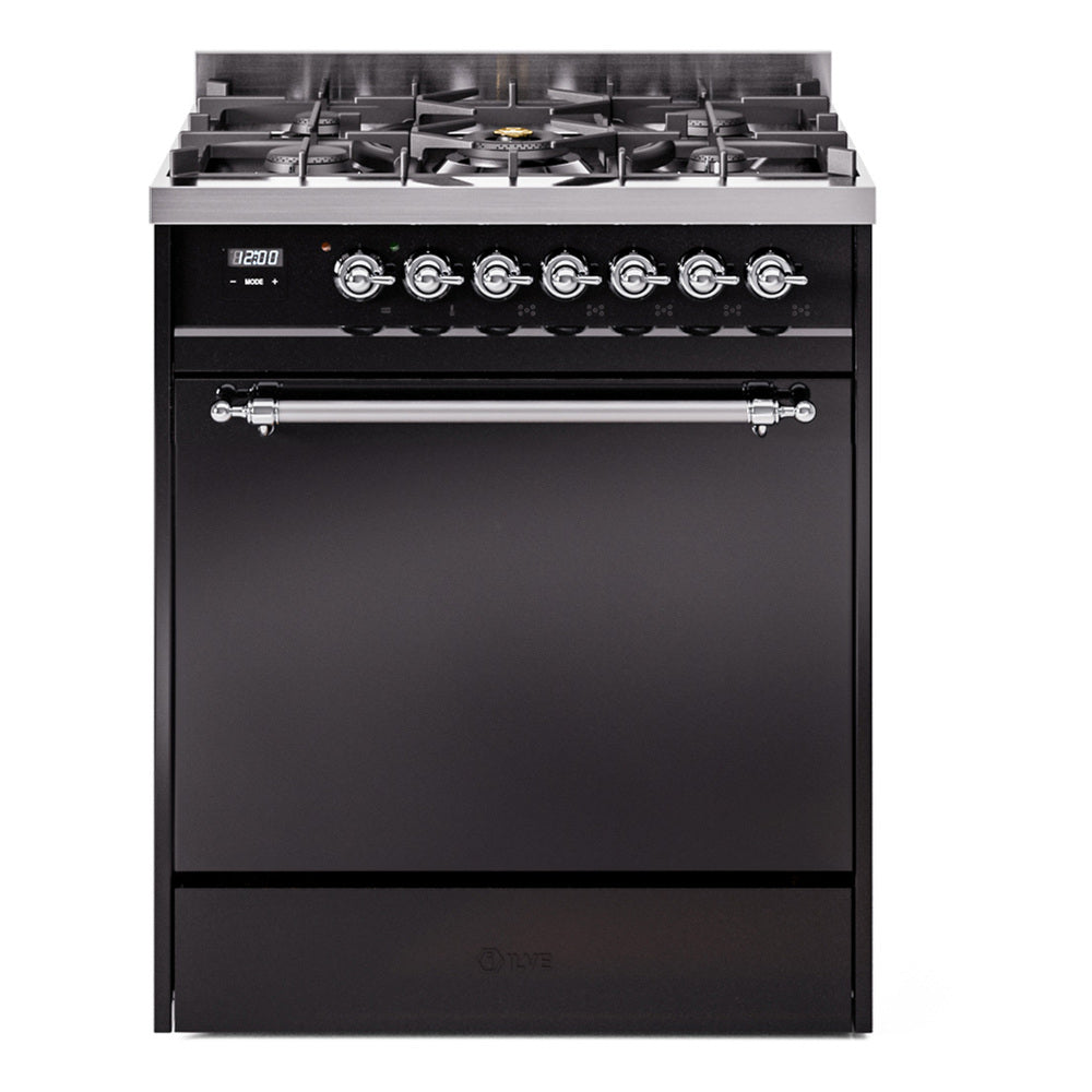 ILVE Nostalgie II 30-Inch Propane Gas Dual Fuel Range with Solid Door in Glossy Black with Chrome Trim (UP30QNMPBKCLP)