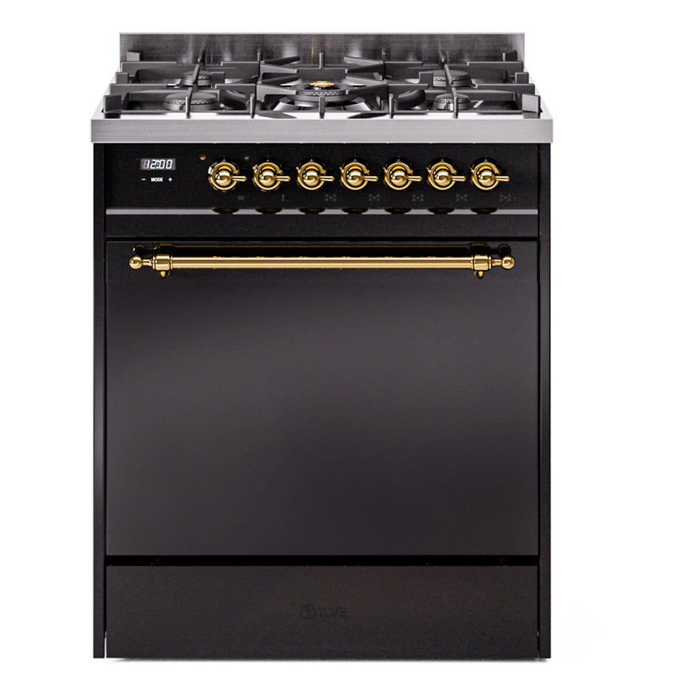 ILVE Nostalgie II 30-Inch Natural Gas Dual Fuel Range with Solid Door in Glossy Black with Brass Trim (UP30QNMPBKG)
