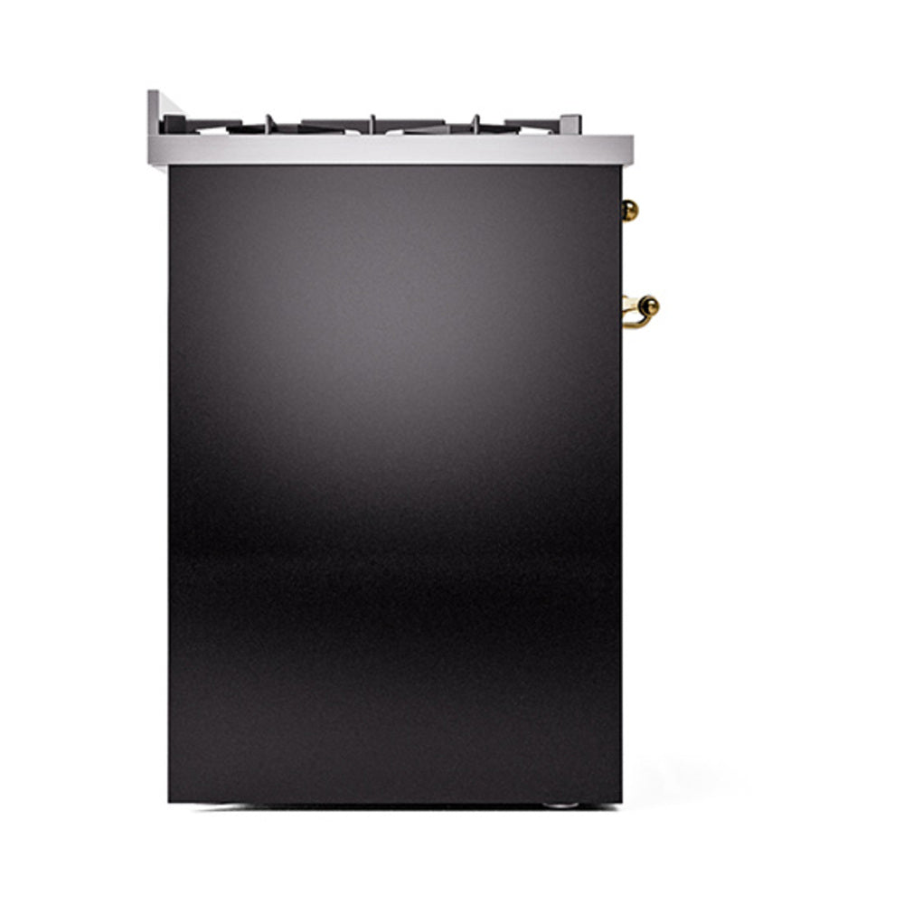 ILVE Nostalgie II 30-Inch Natural Gas Dual Fuel Range with Solid Door in Glossy Black with Brass Trim (UP30QNMPBKG)