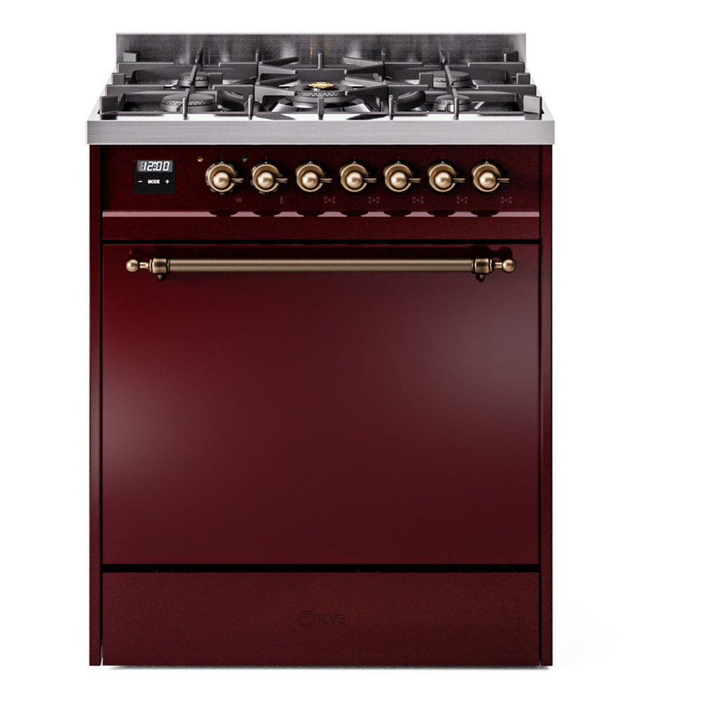 ILVE Nostalgie II 30-Inch Natural Gas Dual Fuel Range, Solid Door Oven, Burgundy with Burnished Bronze Trim (UP30QNMPBUB)