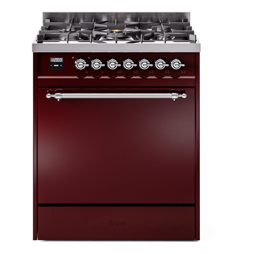 ILVE Nostalgie II 30-Inch Propane Dual Fuel Range, Solid Door Oven, Burgundy with Chrome Trim (UP30QNMPBUCLP)