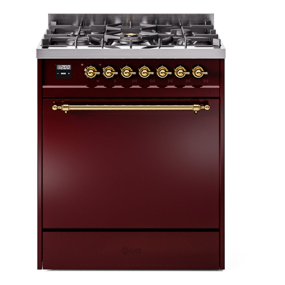 ILVE Nostalgie II 30-Inch Propane Gas Dual Fuel Range with Solid Door in Burgundy with Brass Trim (UP30QNMPBUGLP)