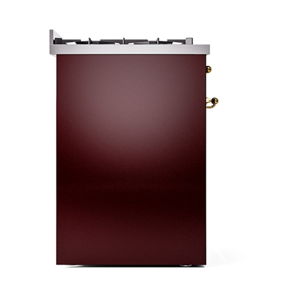 ILVE Nostalgie II 30-Inch Propane Gas Dual Fuel Range with Solid Door in Burgundy with Brass Trim (UP30QNMPBUGLP)