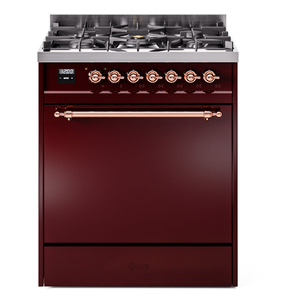ILVE Nostalgie II 30-Inch Propane Dual Fuel Range, Solid Door Oven, Burgundy with Copper Trim (UP30QNMPBUPLP)