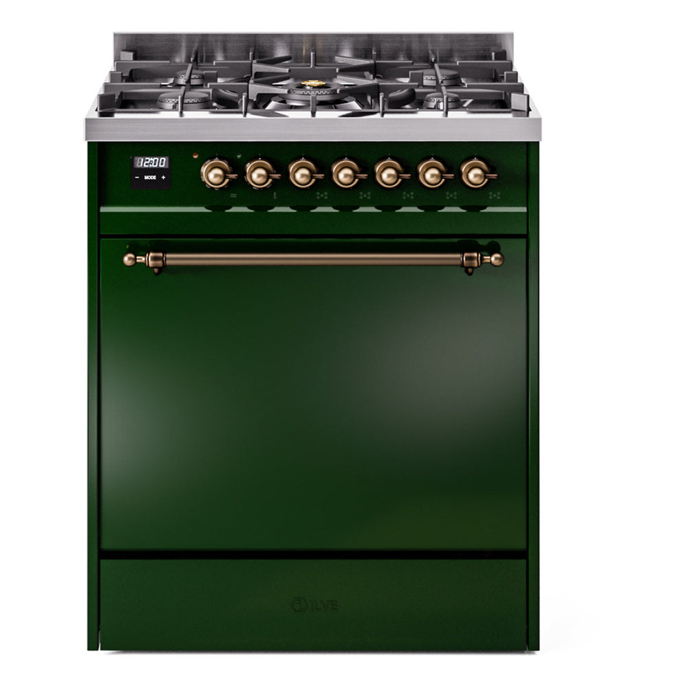 ILVE Nostalgie II 30-Inch Propane Dual Fuel Range, Solid Door Oven, Emerald Green with Burnished Bronze Trim (UP30QNMPEGBLP)