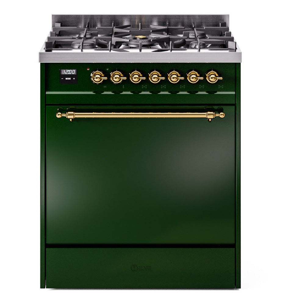 ILVE Nostalgie II 30-Inch Natural Gas Dual Fuel Range with Solid Door in Emerald Green with Brass Trim (UP30QNMPEGG)