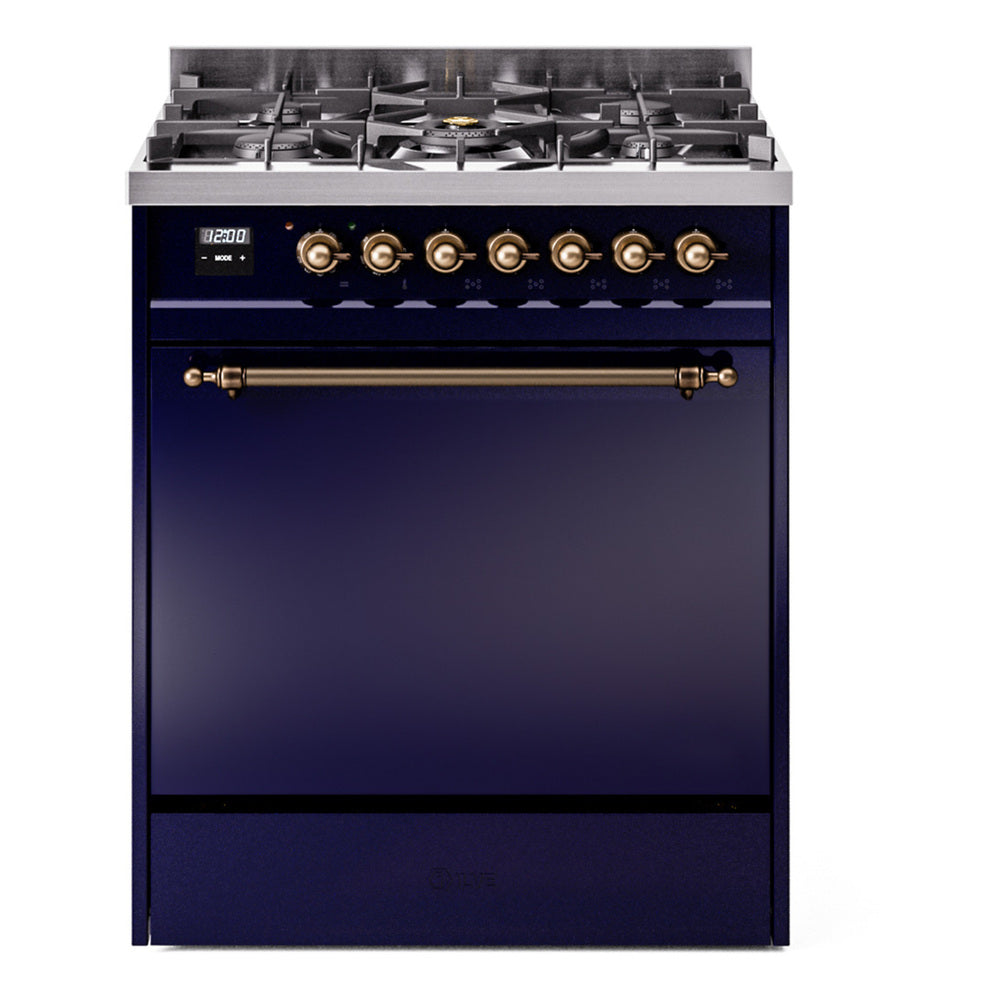 ILVE Nostalgie II 30-Inch Natural Gas Dual Fuel Range, Solid Door Oven, Midnight Blue with Burnished Bronze Trim (UP30QNMPMBB)