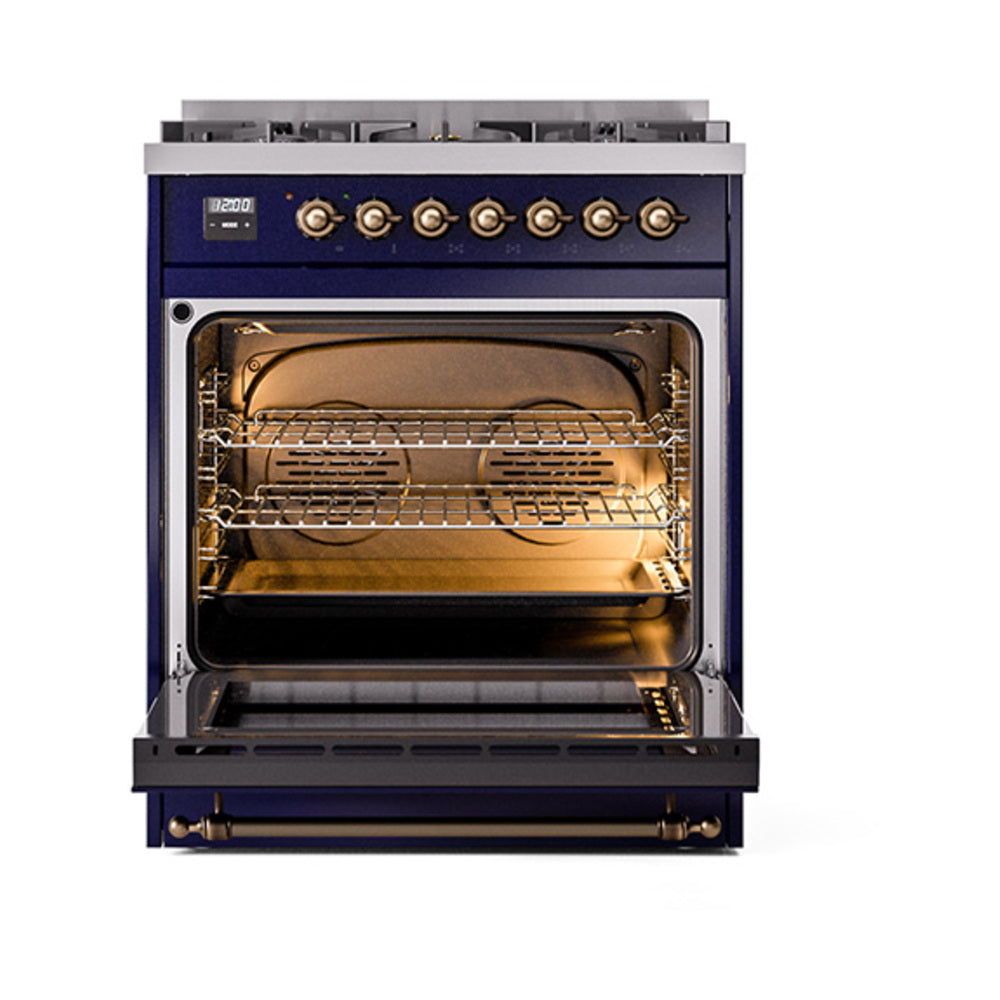 ILVE Nostalgie II 30-Inch Propane Gas Dual Fuel Range with Solid Door in Midnight Blue with Burnished Bronze Trim (UP30QNMPMBBLP)