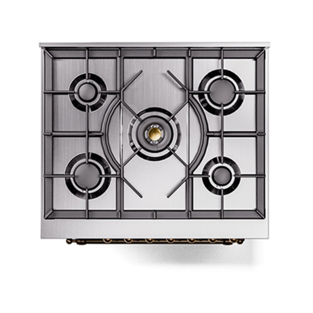 ILVE Nostalgie II 30-Inch Propane Gas Dual Fuel Range with Solid Door in Midnight Blue with Burnished Bronze Trim (UP30QNMPMBBLP)