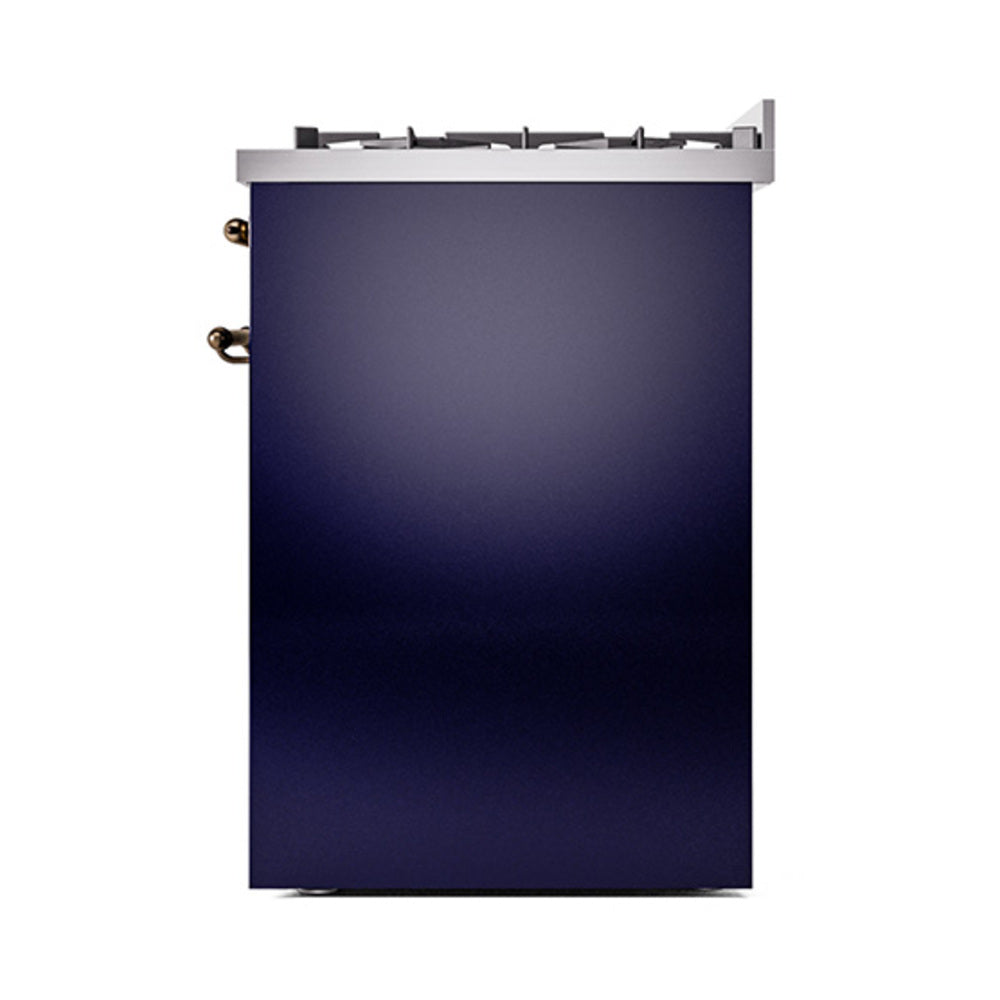 ILVE Nostalgie II 30-Inch Propane Gas Dual Fuel Range with Solid Door in Midnight Blue with Burnished Bronze Trim (UP30QNMPMBBLP)