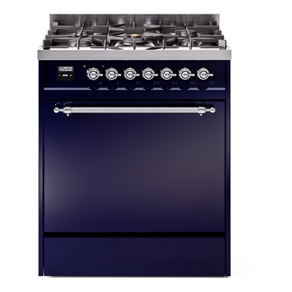 ILVE Nostalgie II 30-Inch Natural Gas Dual Fuel Range, Solid Door Oven, Midnight Blue with Chrome Trim (UP30QNMPMBC)