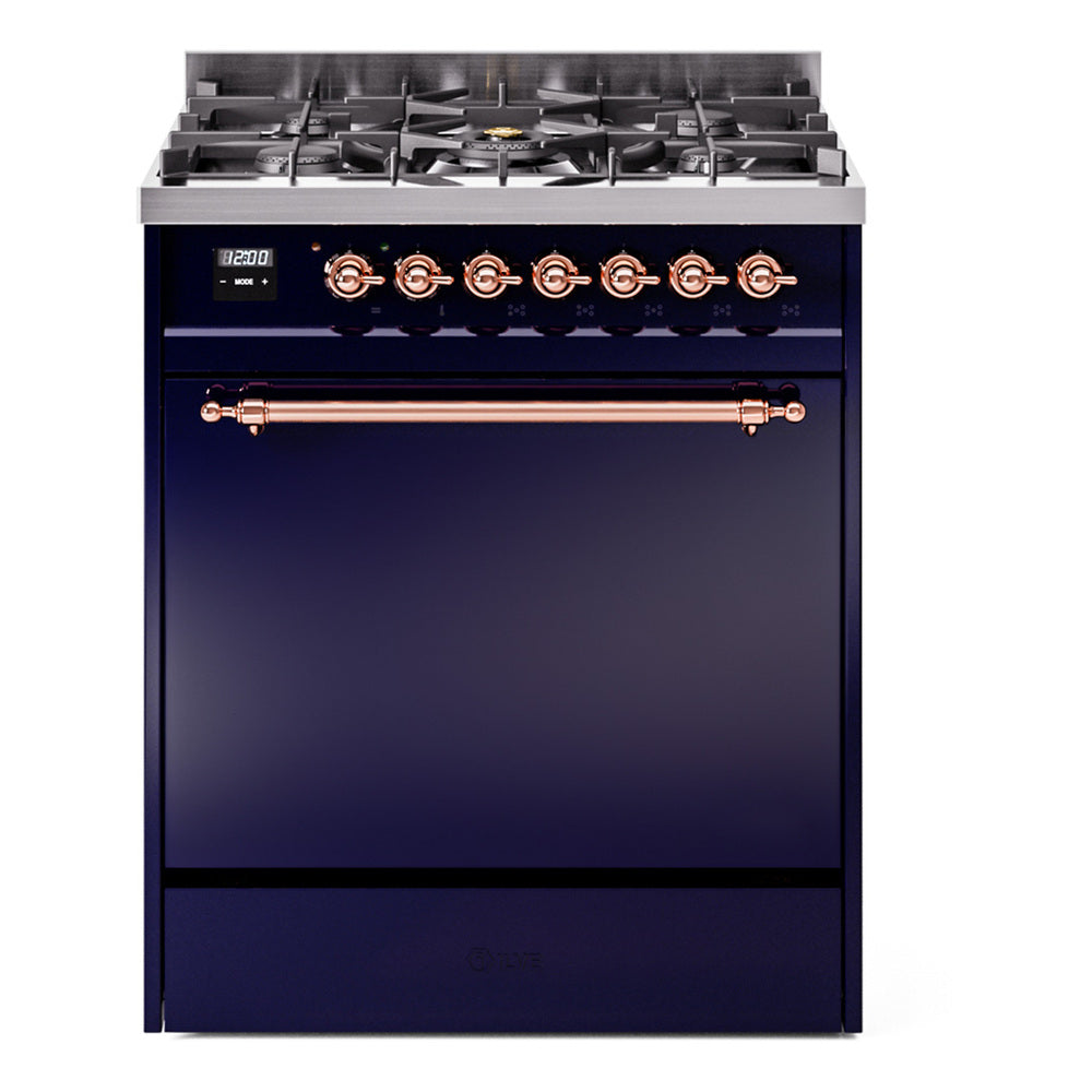 ILVE Nostalgie II 30-Inch Natural Gas Dual Fuel Range with Solid Door in Midnight Blue with Copper Trim (UP30QNMPMBP)