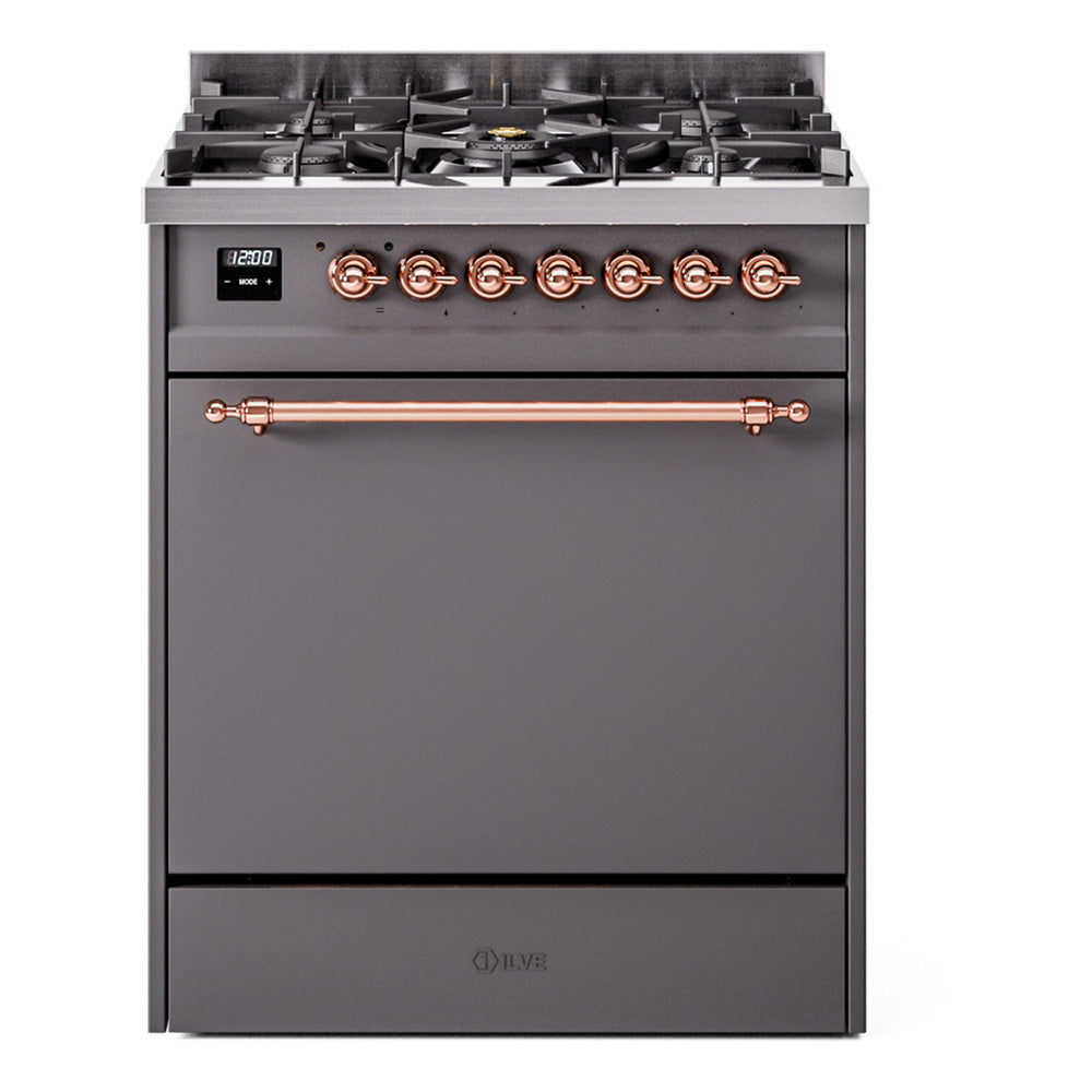 ILVE Nostalgie II 30-Inch Propane Dual Fuel Range, Solid Door Oven, Matte Graphite with Copper Trim (UP30QNMPMGPLP)