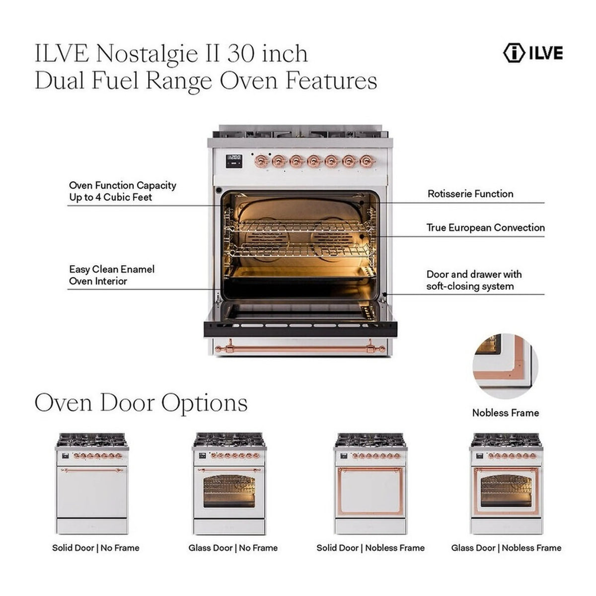 ILVE Nostalgie II 30-Inch Natural Gas Dual Fuel Range with Solid Door in Mediterranean Mint with Burnished Bronze Trim (UP30QNMPMMB)