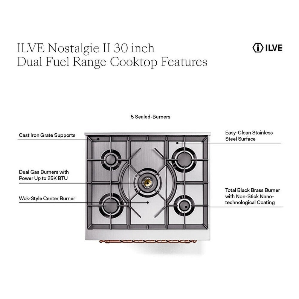 ILVE Nostalgie II 30-Inch Natural Gas Dual Fuel Range with Solid Door in Mediterranean Mint with Chrome Trim (UP30QNMPMMC)