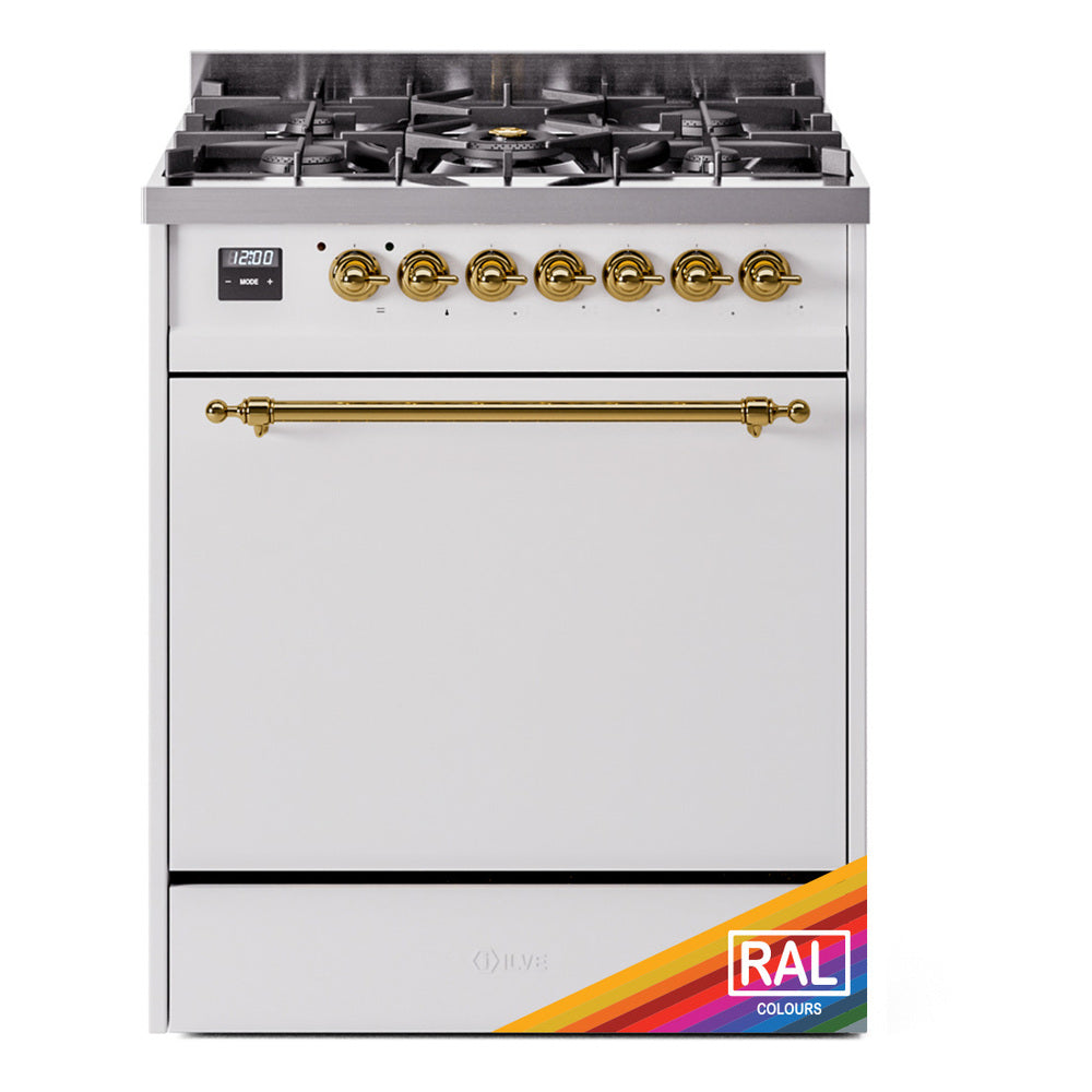 ILVE Nostalgie II 30-Inch Propane Dual Fuel Range, Solid Door Oven, Custom RAL with Brass Trim (UP30QNMPRAGLP)